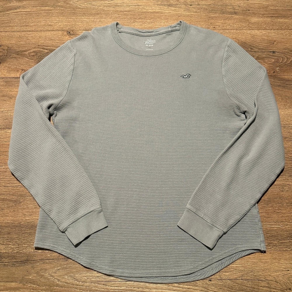 Y2K Hollister Waffle Knit Thermal Long‎ Sleeve Shirt Mens Medium Gray Curved Hem